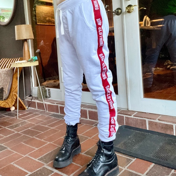 Baw white athletic wear men’s sweat pants with red branded ribbon embroidered - Picture 8 of 9